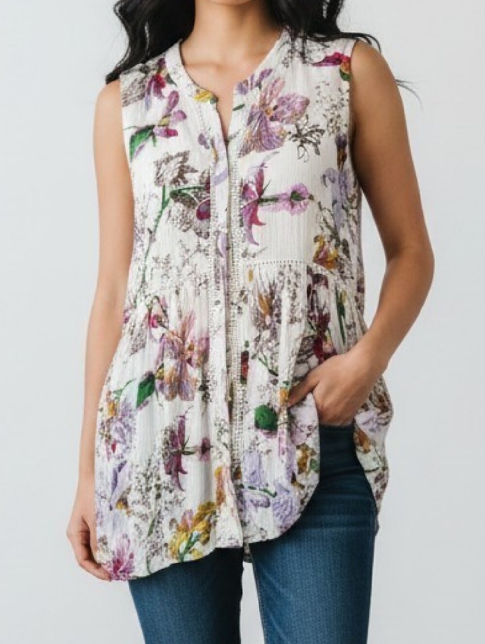 Anthropologie White Floral 'Nina' Sleeveless Button-Down Tunic L